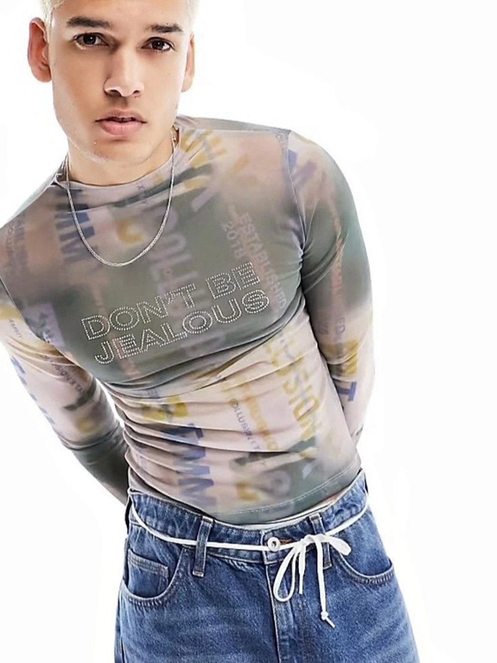 Collusion x Tammy Printed Long Sleeve Mesh Frill Top Gray & Pink Small